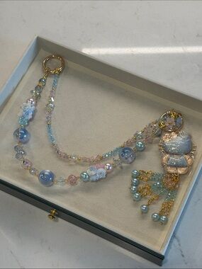 Blue Pastel Beaded Cat with Fabric Details Purse Chain Gold Hardware